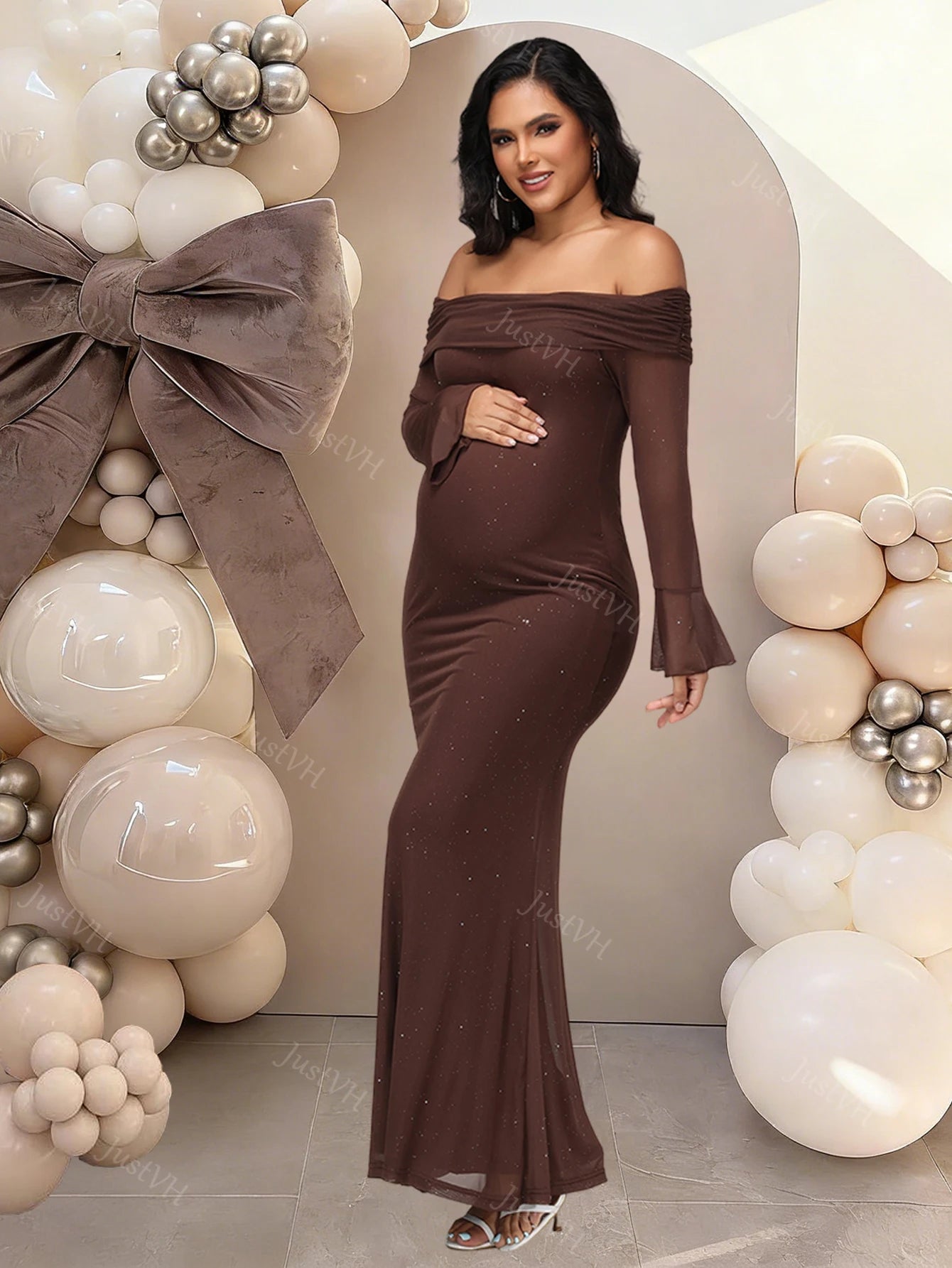 Maternity Off Shoulder Bell Sleeve Sequin Mesh Long Dress Party Elegant Bodycon Gown for Photoshoot Baby Shower