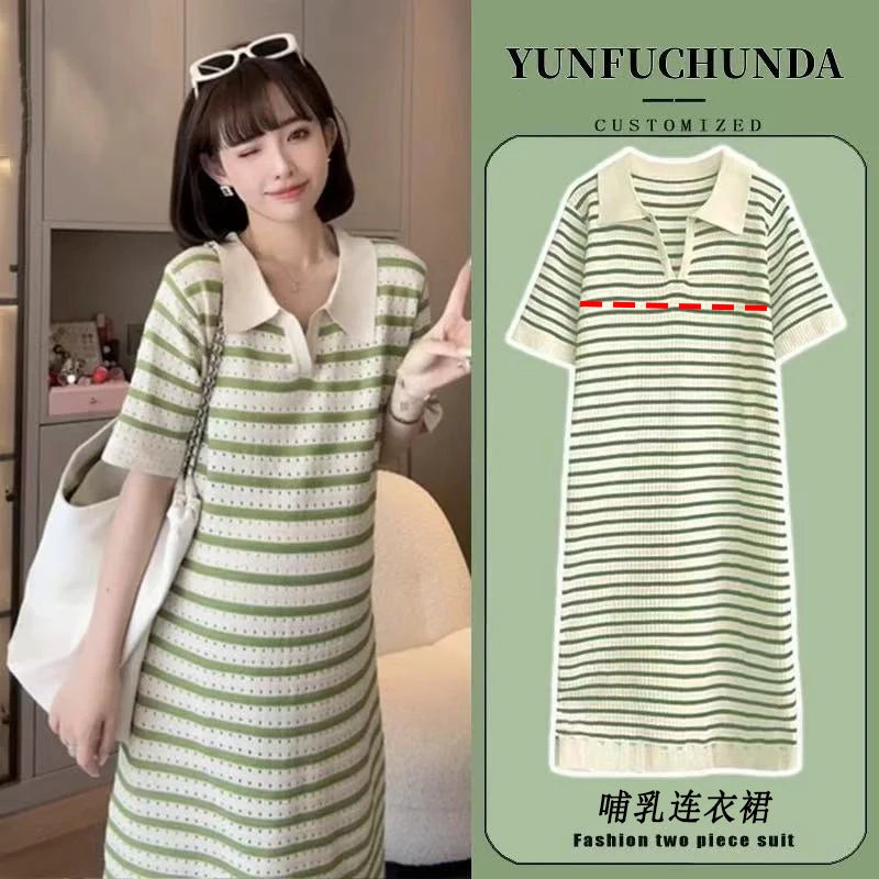 Summer Postpartum Woman Breastfeeding Dresses Short Sleeve Turn-down Collar Hollow Out Striped Maternity Straight Nursing Dress