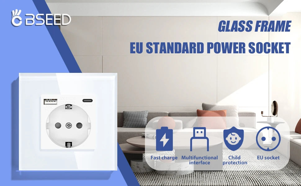 BSEED EU Standard Wall Electrical Sockets Type-C Outlets Wall Power Socket USB Charge Port Glass Panel Kids Protection 16A