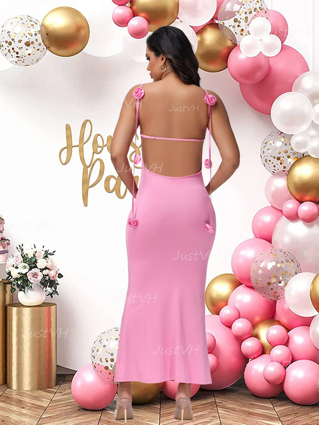 Maternity 3D Floral Decor Straps Summer Dress Photography Backless Bodycon Long Dress for Baby Shower Photoshoot