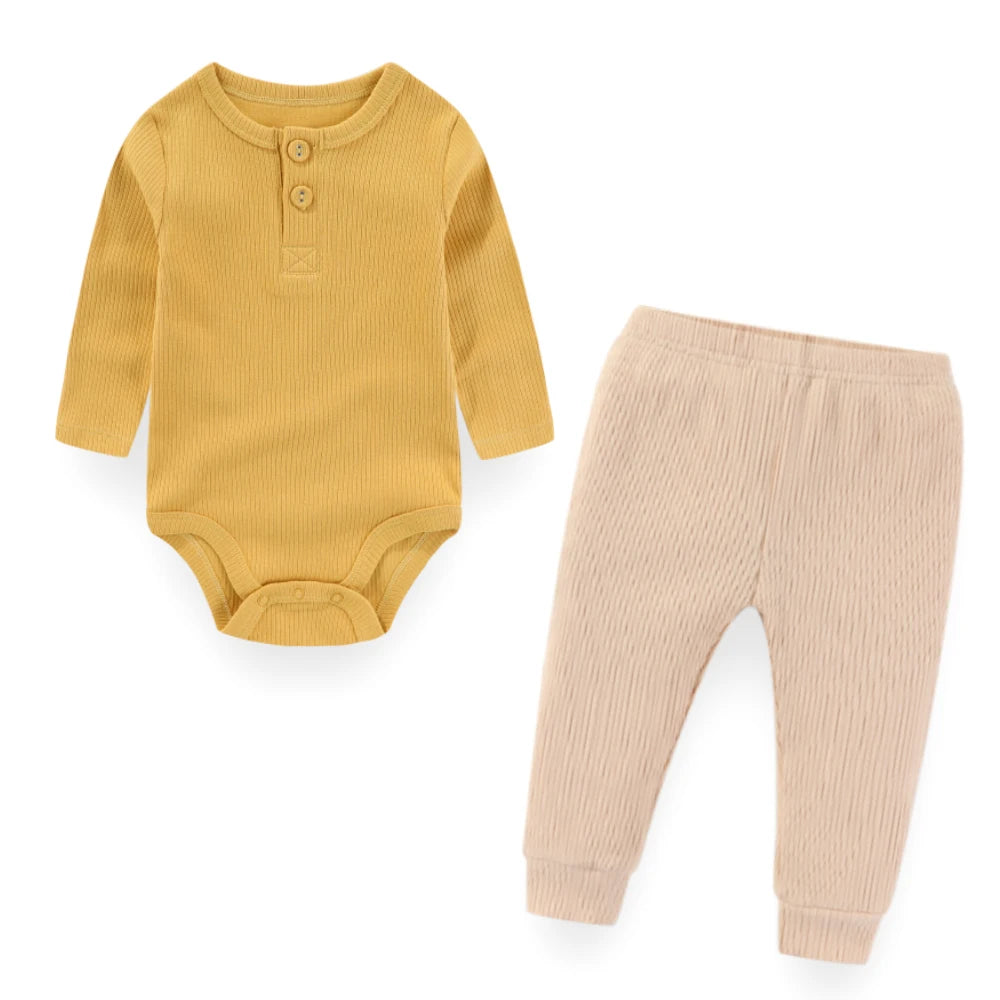 Unisex Baby Pure Color Outfit Two Piece Set Long Sleeve Bodysuits and Pants 0 to 24 Months