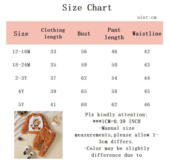 2Pcs Child Boys' Set Round Neck Lion Print Long sleeved+Pants Set suitable for 1-5 Year Boys' Spring and Autumn Sports Suit