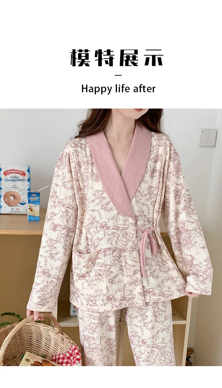Pure Cotton Maternity Nightie For Pregnant Breastfeeding Clothes 	Sleepwear Autumn V-Neck Pajamas For Nursing Mothers