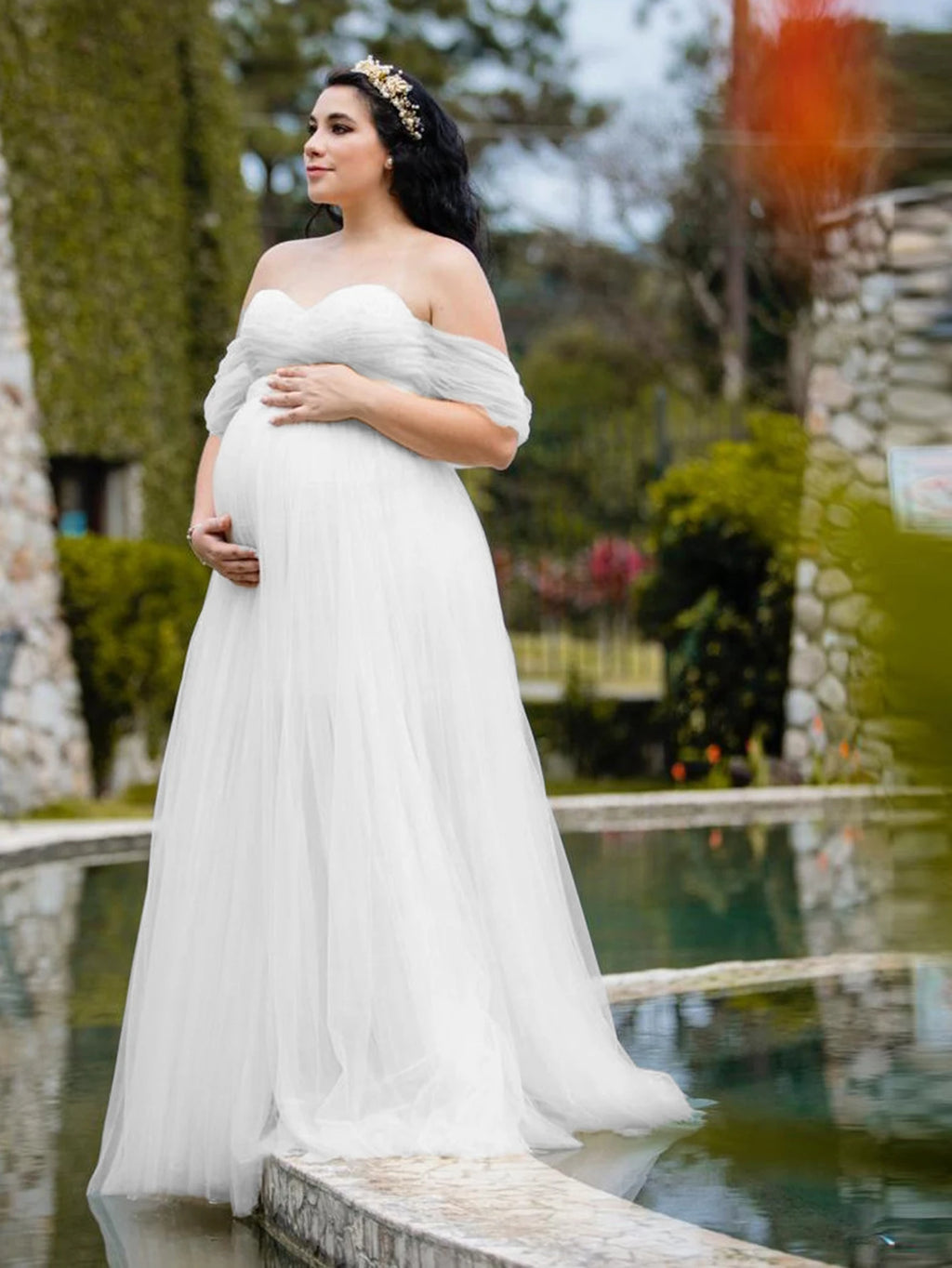 Maternity Lace Mesh Long Dress Pregnancy Shouldless Maxi Gown Dresses Soft Tulle Fabric Strapless for Baby Shower Photo Shoot