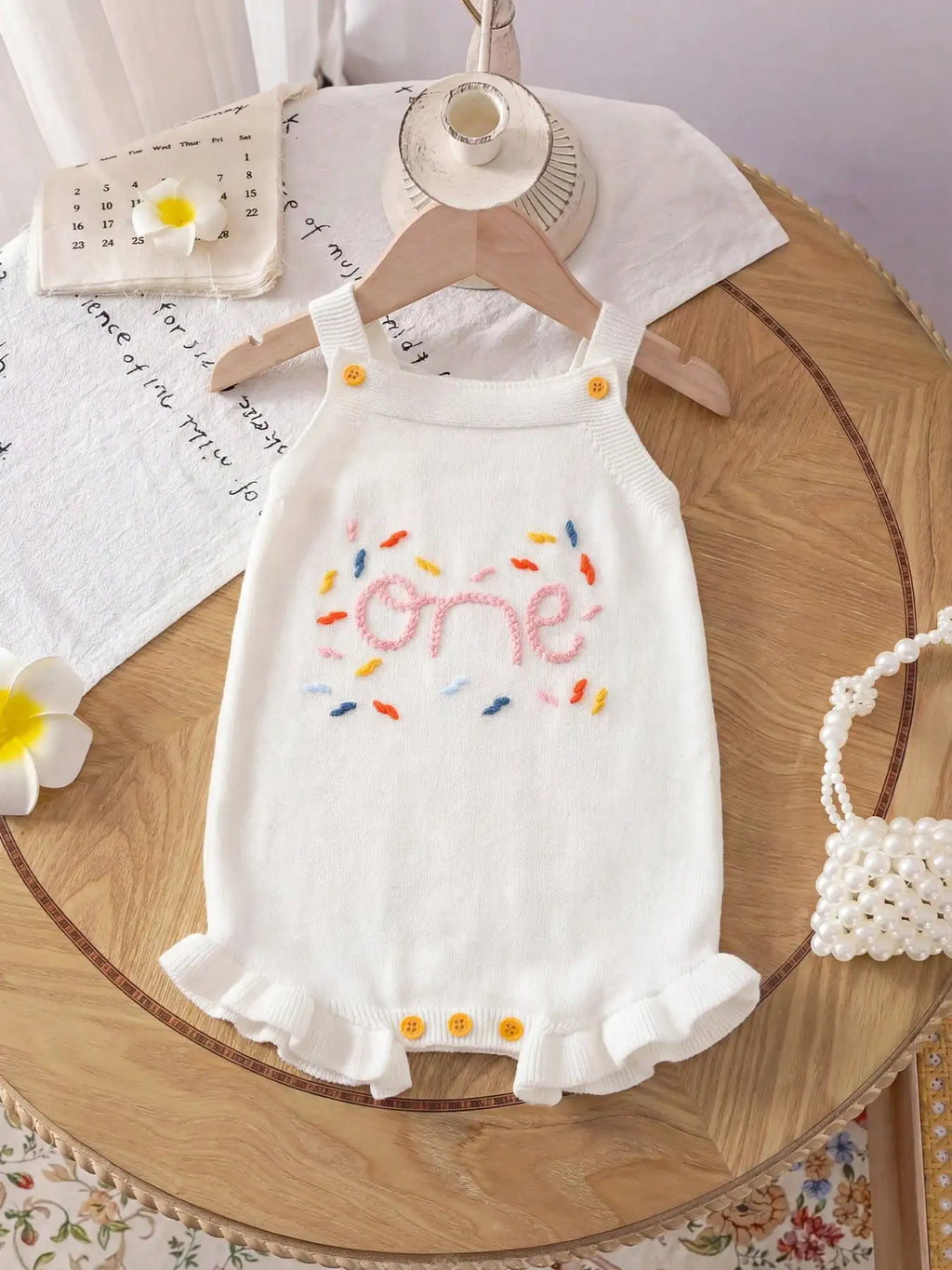 Cute and Sweet Summer Romper for Baby Girls with Colorful Embroidered "One" Lettering and Knit Suspenders