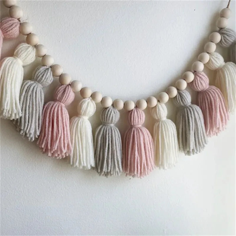 Boho Pink Tassel Garland with Wood Beads Cute Wall Hanging Banner for Nursery Kids Bedroom Birthday Office Party Wedding Decor