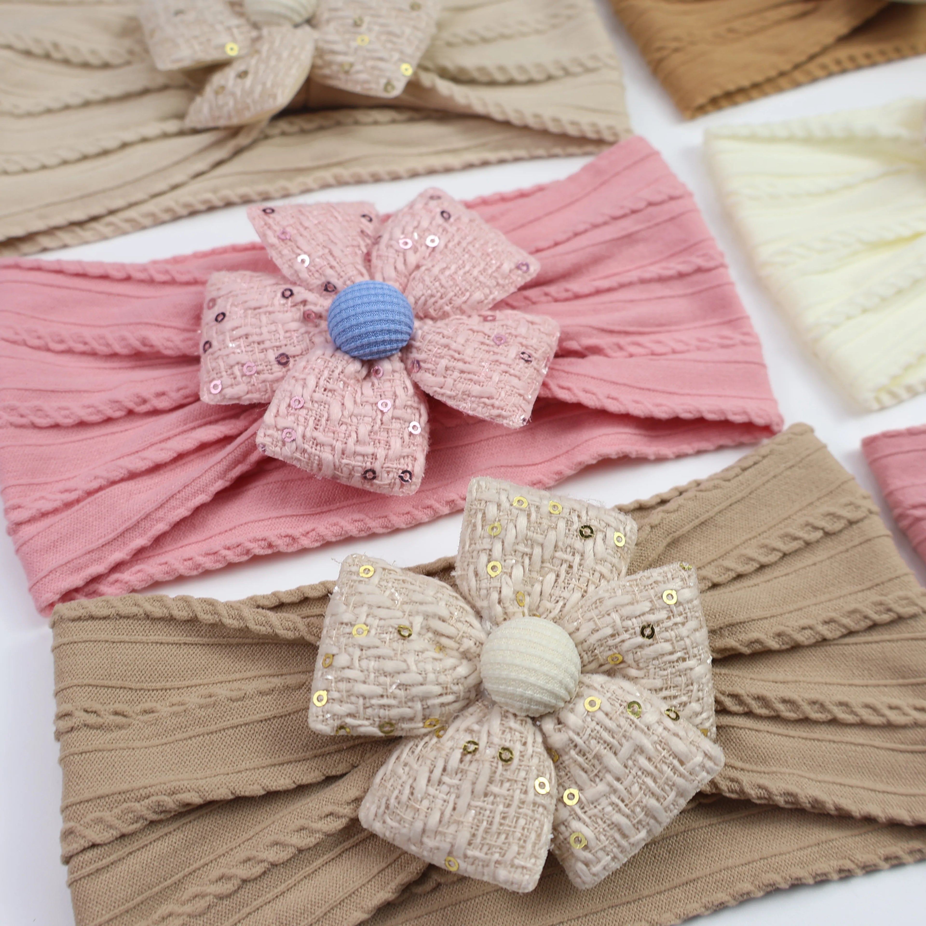 2026 New Arrival Baby Girl Flower Headband Soft Nylon Elastic Turban Sequin Tweed Bow Newborn Hairbands Toddler Hair Accessories
