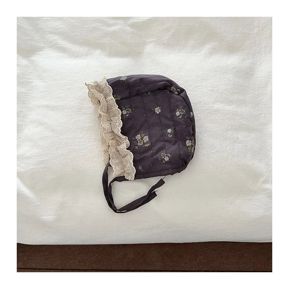 Children Warm Winter Cap Kids Girls Quilted Earflap Hat for Newborns Baby Floral Print Lace Trim Bonnet for Girls Accessories