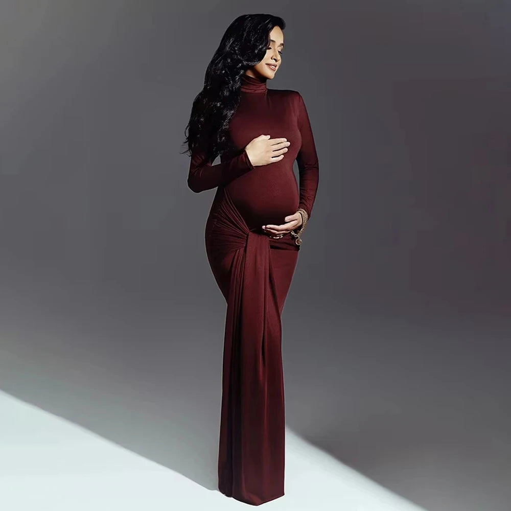 Maternity Long Sleeve Turtle Neck Maxi Photography Dress Solid Rouched Tie Gown for Photoshoot Baby Shower Party