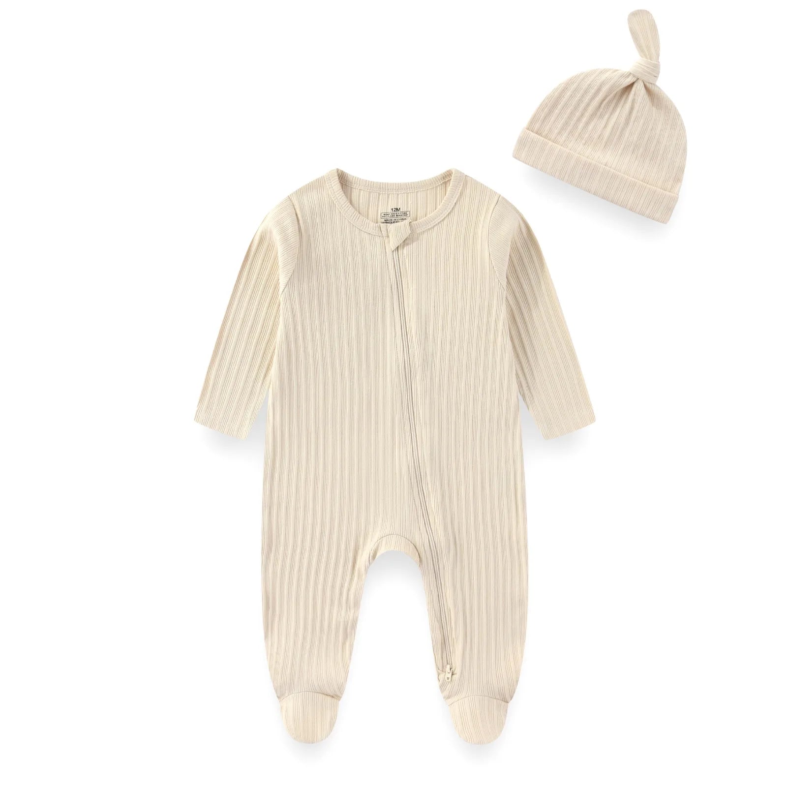 Two-Piece Baby Unisex Romper Hat Set 0-12M Long Sleeve Jumpsuit Cap Solid Color Newborn Outfit
