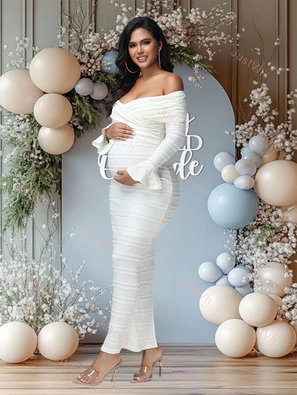 Maternity Fishtail Long Sleeves Criss Cross Neck Fall Dress Fashion Bodycon Pregnant Women Gown for Baby Shower Photoshoot