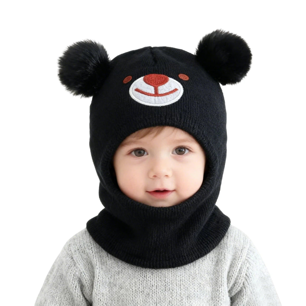 Children Pom-Pom Balaclava Cute Bear Scarf One-Piece Hat Winter Warm Kids Hooded Beanies 1-2Year Baby Knitted Ear Protection Cap