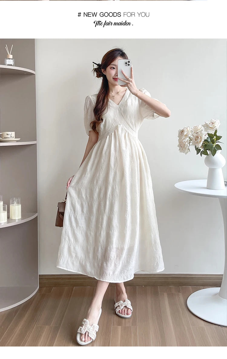 French Style Summer Maternity Pleated Dress High Waist V-neck Short Sleeve Pregnant Woman Elegant Dress Pregnancy Clothes Loose