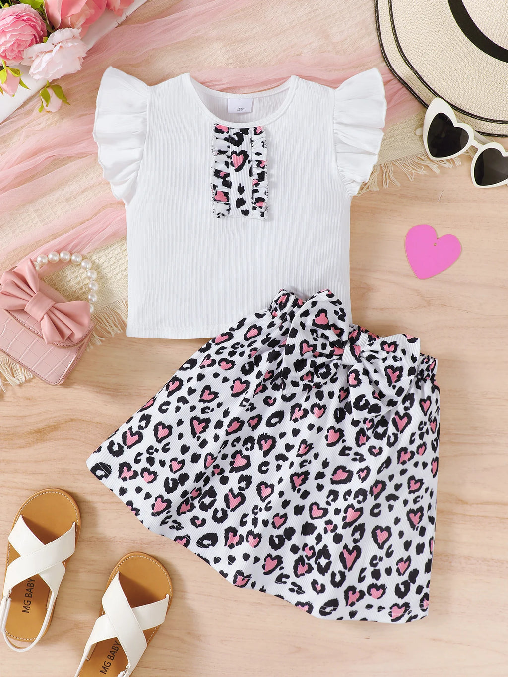 2Pcs Children's clothing Girl Flying sleeve White Top Leopard Print Bow Skirt Set for 4-7 Year old Girls Summer Fashion Set