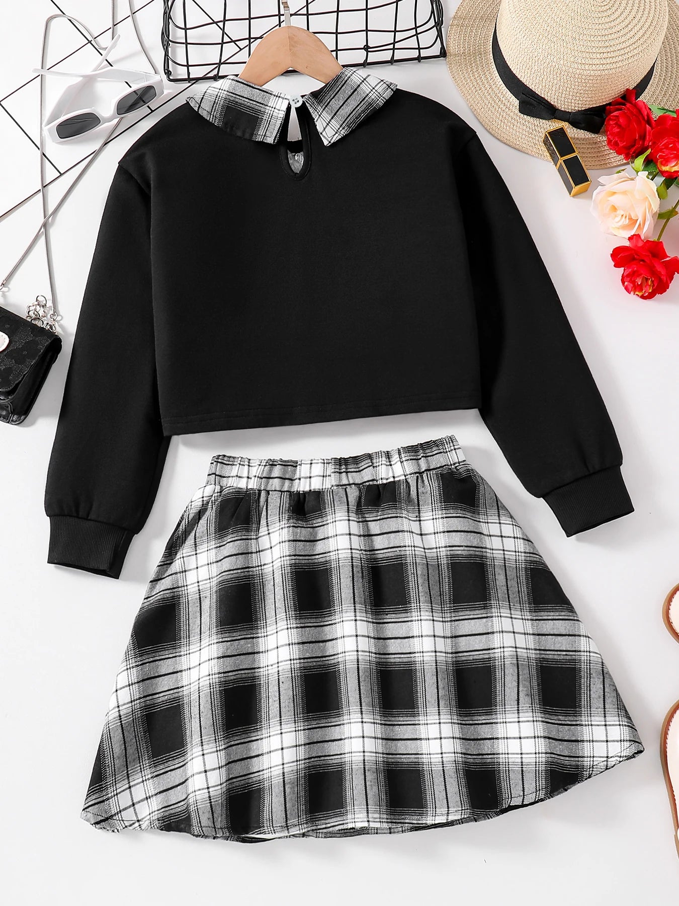 Girls Fashion Casual 2-Piece Set Black Lapel Long-Sleeved Letter Print Shirt Plaid Skirt Spring Autumn New