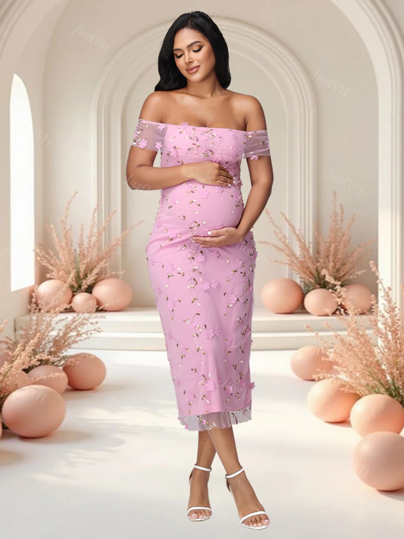 Maternity Off Shoulder Twist Floral Mesh Midi Dress Elegant Wedding Party Pregnant Women Gown for Baby Shower Photoshoot