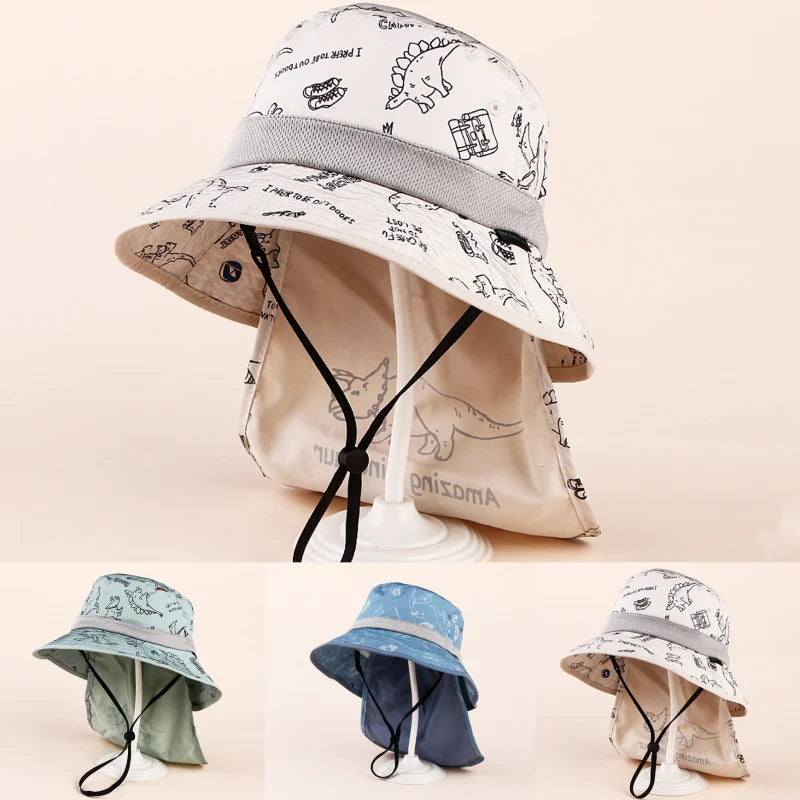 Spring and Summer New Printed Dinosaur Children's Size-Coded Sunshade Fisherman HatINSForeign Trade Sun Hat UV Protection Thin
