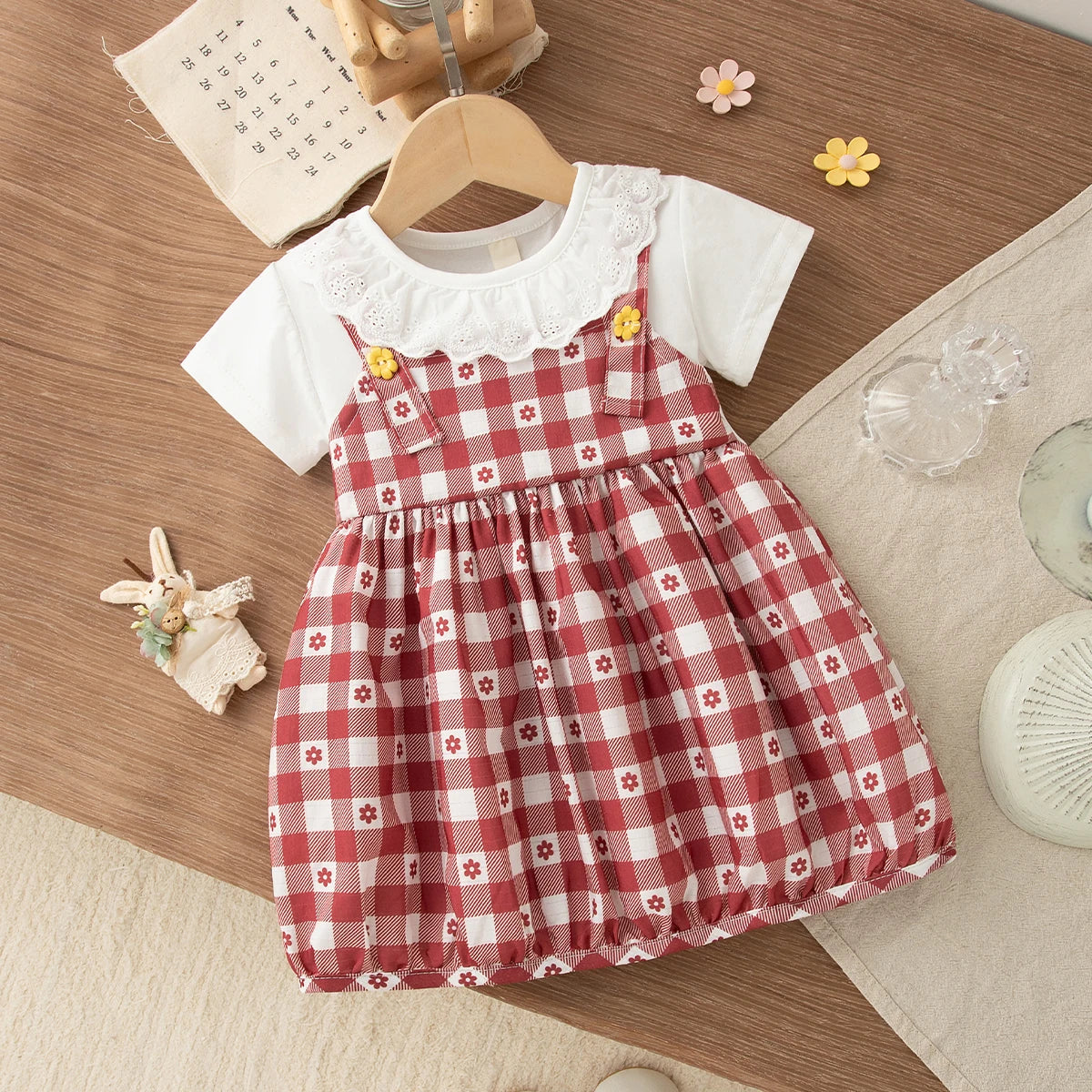 Summer New Sweet Fake Two Piece Baby Girl Dress, Cute Checkered Small Floral Children'S Clothing (3-18 Months)
