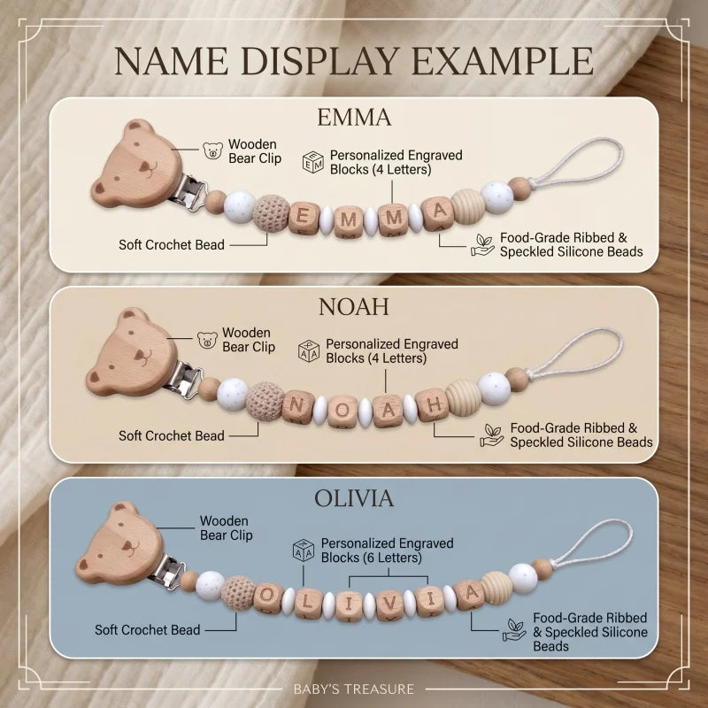 Personalized Baby Pacifier Clip with Name – Silicone & Wooden Bead Teether Soother Holder