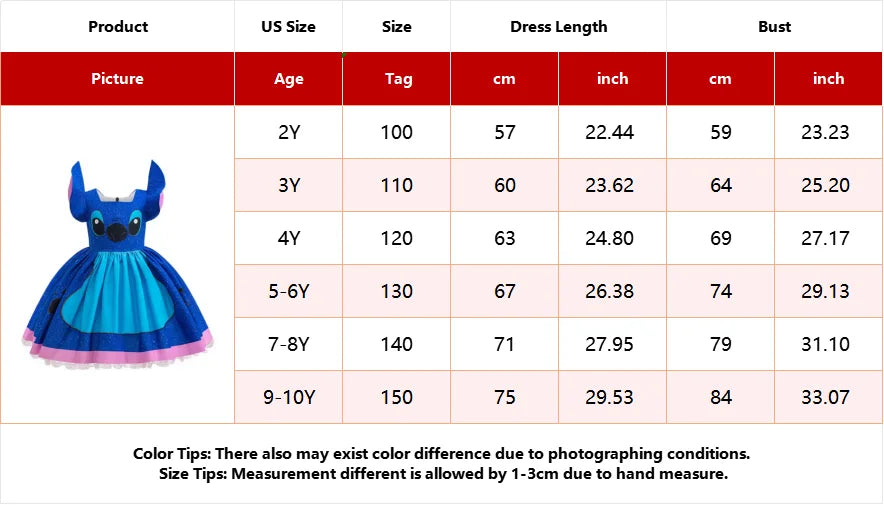Disney Movie Stitch Costume Sets Girls Cosplay Cartoon Cute Princess Dress Stage Performance Purim Carnival Kids Dress