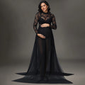 Maternity Long Sleeves Lace Dress See-Through Bodysuit and Maxi Chiffon Skirt 2Pc Outfit for Photoshoot Baby Shower