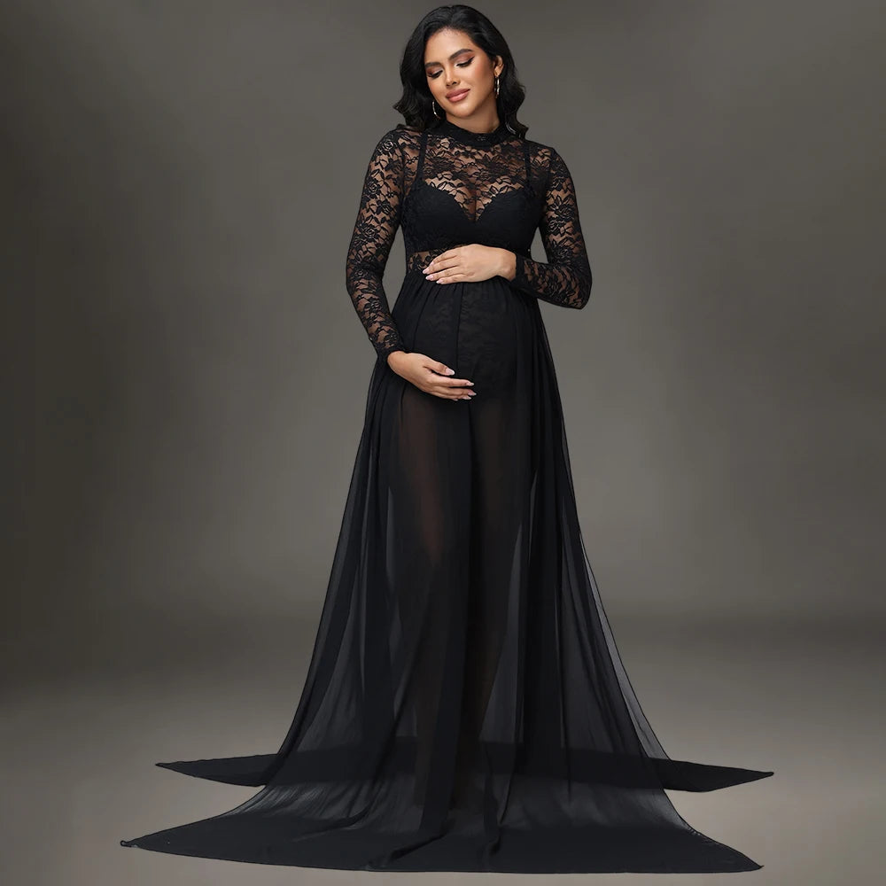 Maternity Long Sleeves Lace Dress See-Through Bodysuit and Maxi Chiffon Skirt 2Pc Outfit for Photoshoot Baby Shower