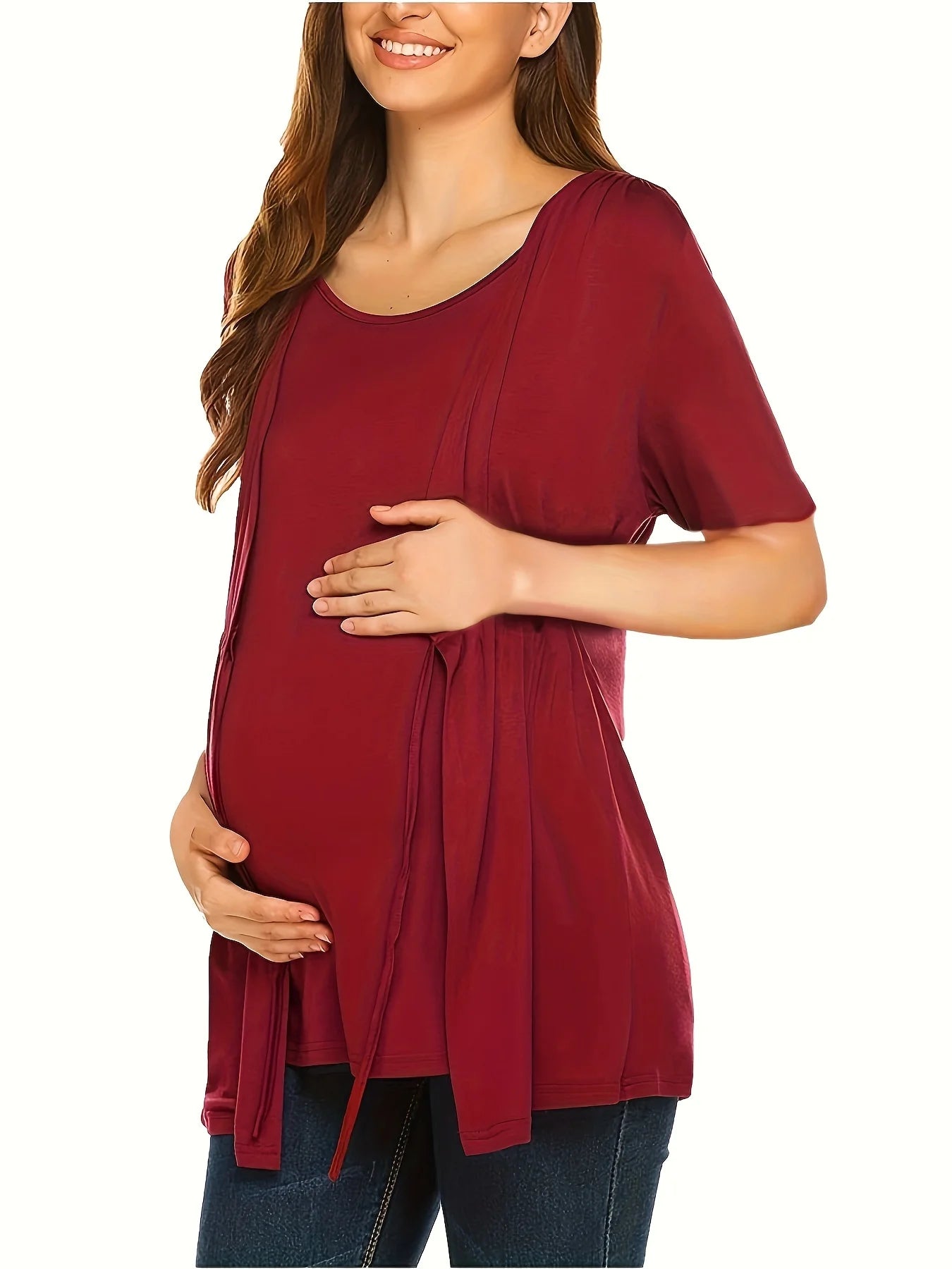 2025 Maternity Women Breastfeeding Shirt Short Sleeve Double Layer Nursing Tops T-shirt Maternity Clothes Round Neck Two-Piece ﻿