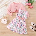 4-7 Year old Girls' Round Neck Floral Sleeveless Dress+Pink Long Sleeved Shawl 2Pcs/Set Girls' Spring and autumn Fashion Dress
