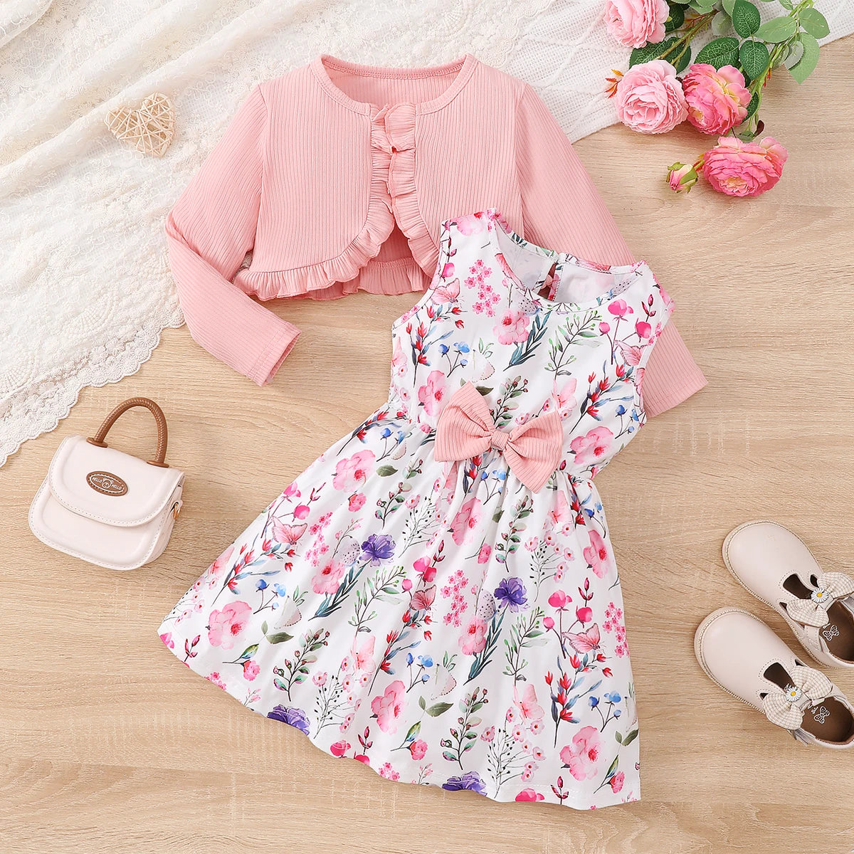 4-7 Year old Girls' Round Neck Floral Sleeveless Dress+Pink Long Sleeved Shawl 2Pcs/Set Girls' Spring and autumn Fashion Dress