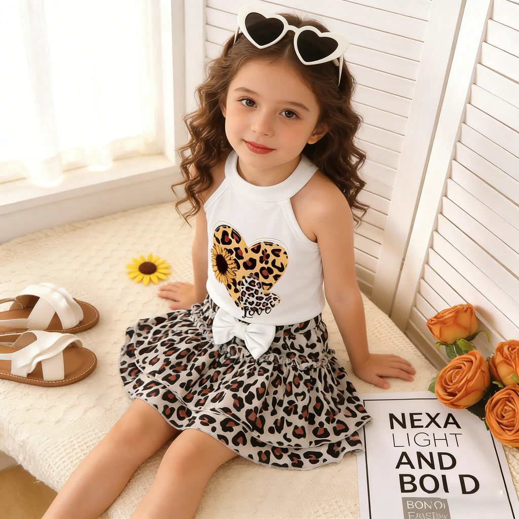2Pcs Girls' Set sleeveless Leopard Print Heart Print Top +Bow Leopard Print skirt set 4-7 Year old Girls' Summer Fashion Set