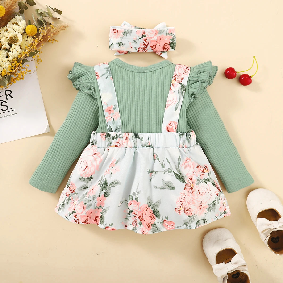 0-18 Months Newborn Baby Girl Clothes Baby Flower Romper Dress Long Sleeves Bodysuit+Headband Infant Girl 2PCS Cute Costume