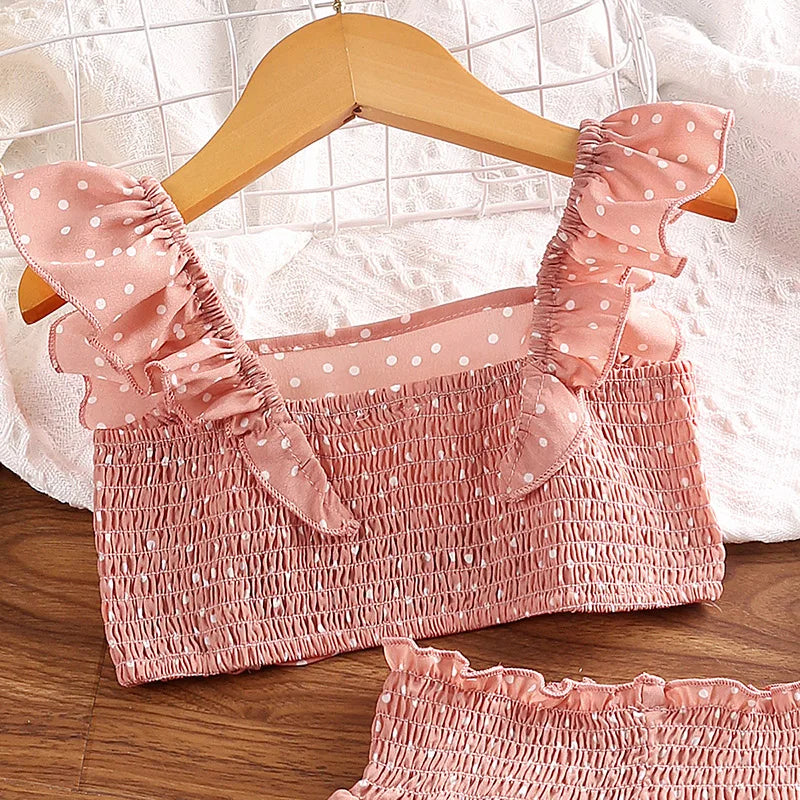 Girls' Clothing Set 5-12T Tri-Color Optional Flying Sleeve Square Collar Vest Top + Lace Skirts  Children Girls Baby Clothes Set