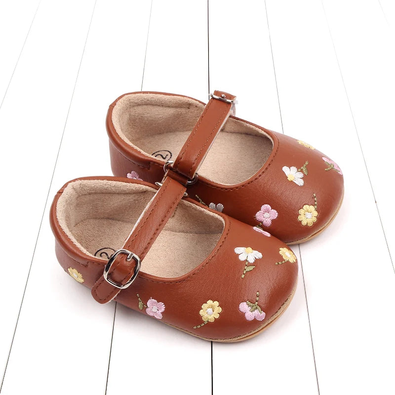 Baby Girl Princess Shoes High Quality Soft PU Embroidery Flower TPR Sole Anti-slip for Toddler Girl 0-18 Months New Fashion