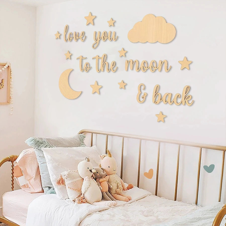 18Pc Natural Wood "Love You to the Moon" Letter Wall Stickers Children's Room Star and Moon Cloud Decoration Set Nordic Style Wooden Star and Moon Letter Wall Decor Baby Room Warm Love Message Soft Decoration Wooden Wall Stic