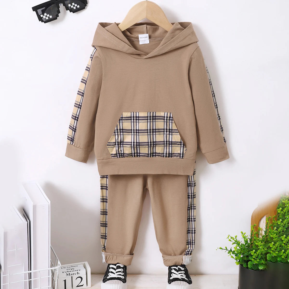 1-6 Year old Boys' Hoodie Set Checkered Pocket, Long sleeved Pants 2Pcs/Set Children's clothing boys' spring autumn sports suit