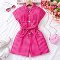 8-12 Years Tween Girls Red Vertical Striped Short Sleeve Collar Jumpsuit - With Belt | Party, Back to School, Daily, Outings&Gat
