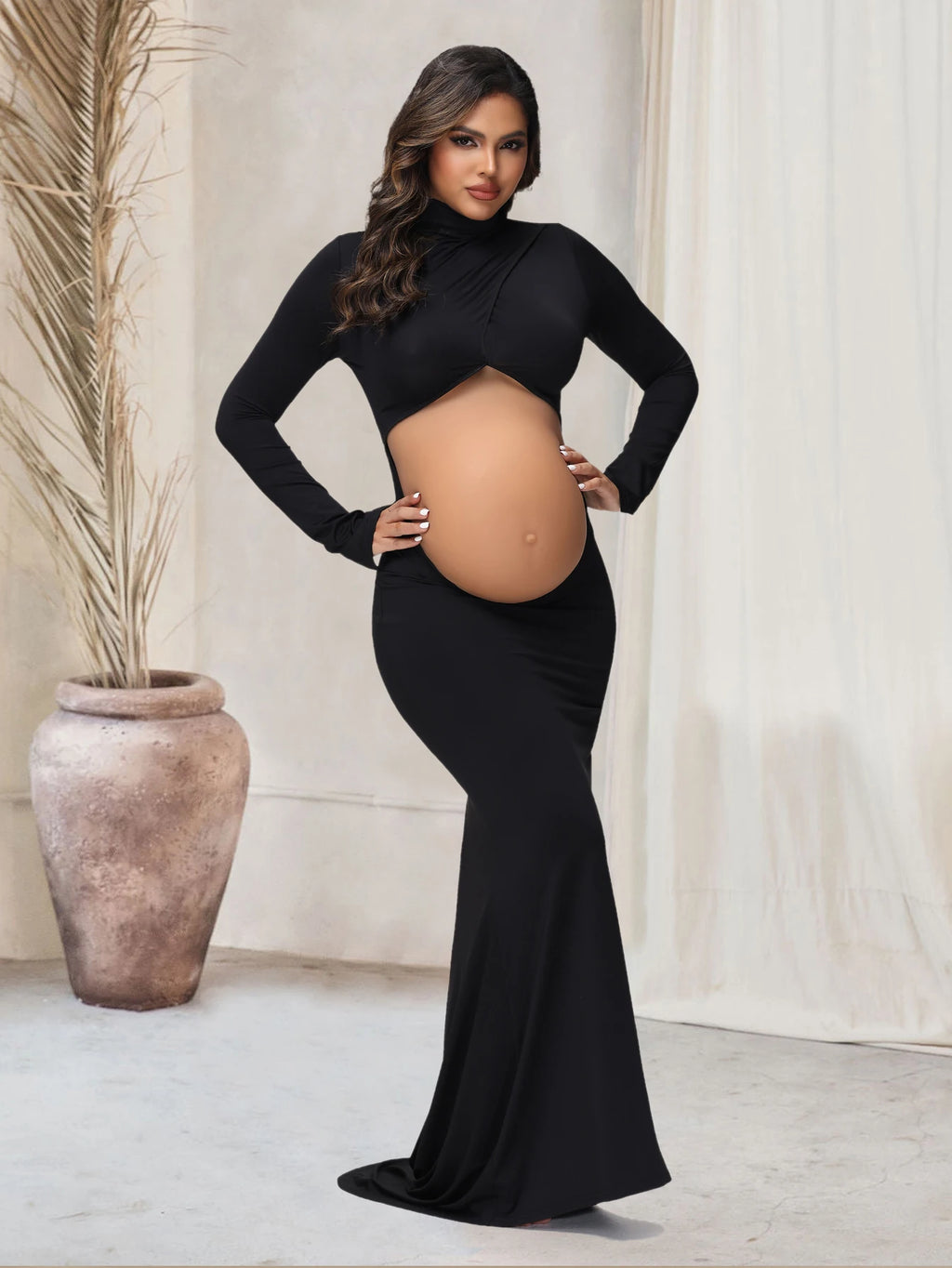 Pregnancy Dress Photography Props Maxi Gown Turtleneck Full Sleeve Cut Out Belly Bodycon Maternity PhotoShoot For Baby Shower