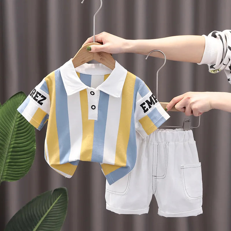 ‌New Boys Cotton Striped Shorts Set 2-Piece Summer Outfit Fashion Short Sleeve Casual Playwear Stylish Kids Clothing‌