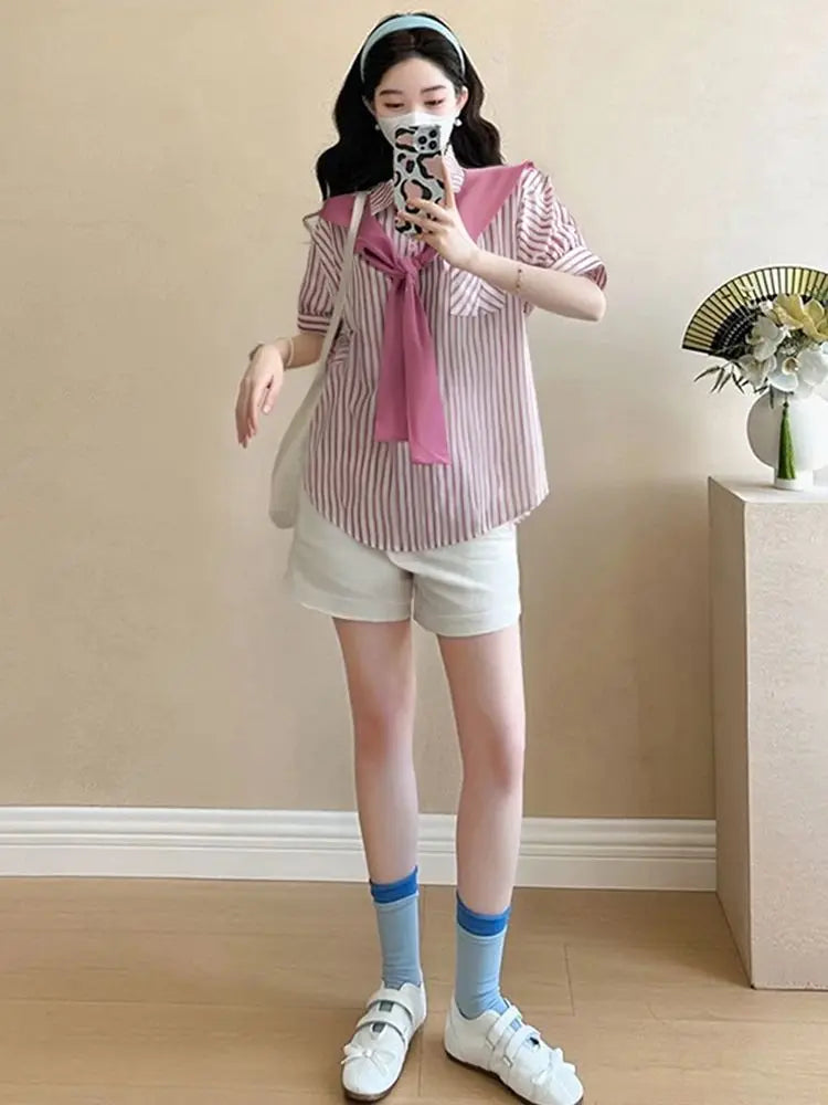 2025 Summer Maternity Pink Shirts Puff Sleeve O-neck Bowknot Hollow Out Backside Pregnant Woman Blouses Sweet Pregnancy Top Tees