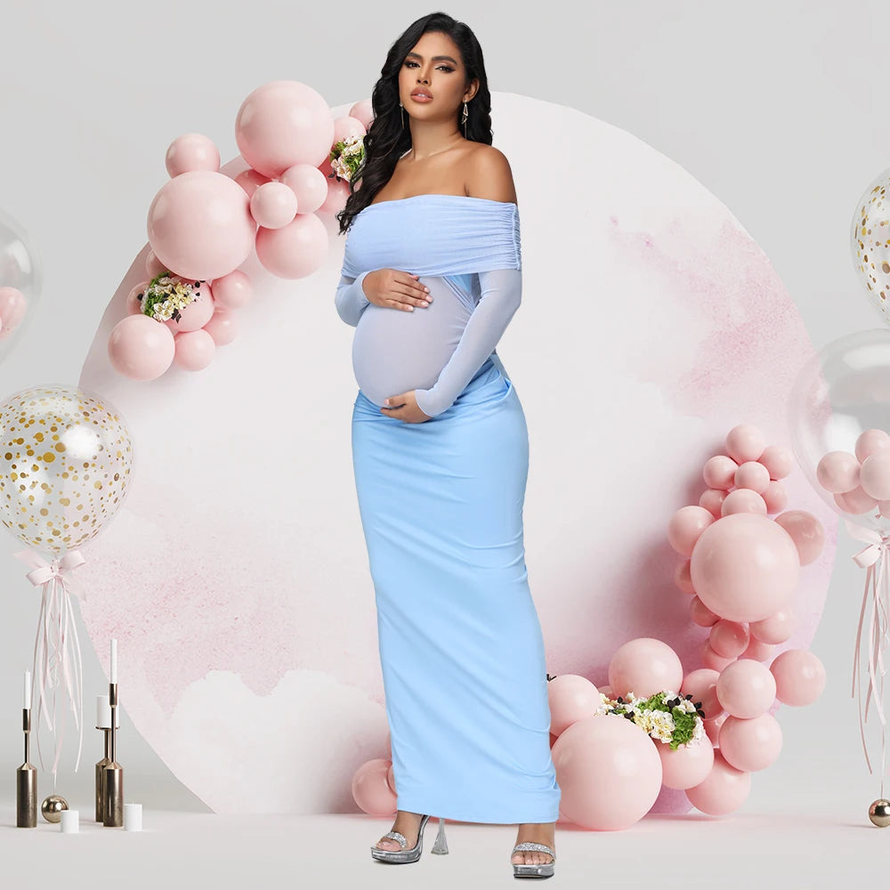Maternity Long Sleeves off Shoulder Photoshoot Dress Mesh Exposed Belly Women Pregnancy Photography Gown for Baby Shower