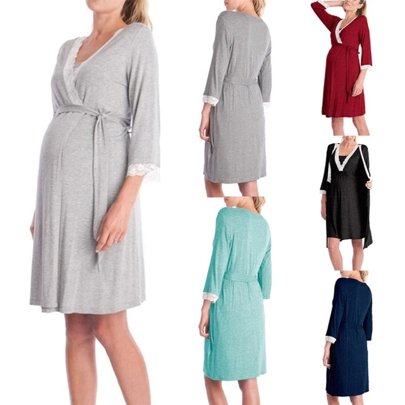 D0JC Breathable Pajama Dress Pregnancy Clothes Maternity Robe Nightgown Sleepwear