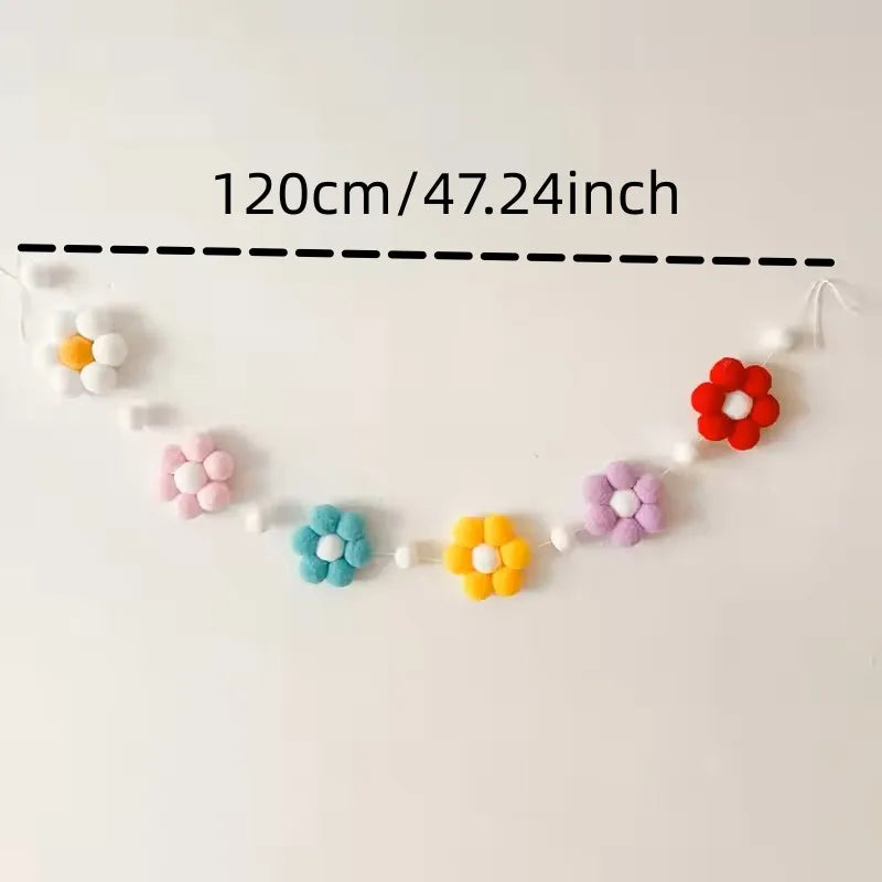 Nordic Style Handmade Pom-Pom Colorful Daisy Flower Garland for Decoration, Shelf Decoration, Wall Hanging Pom-Pom Pink Daisy Wreath, Holiday, Christmas, Wedding, Thanksgiving, Wall Decoration Garland, Tent Curtain Dec - Baby World SA
