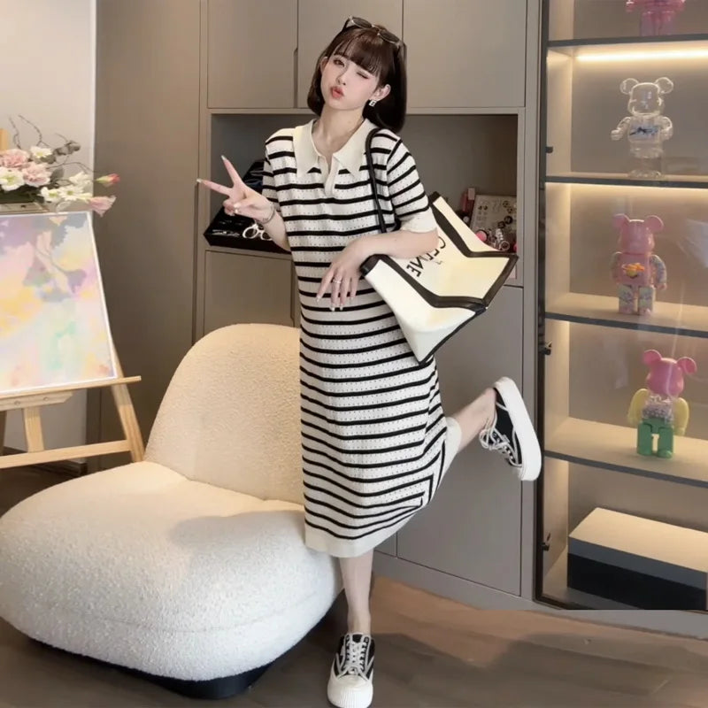 Summer Postpartum Woman Breastfeeding Dresses Short Sleeve Turn-down Collar Hollow Out Striped Maternity Straight Nursing Dress