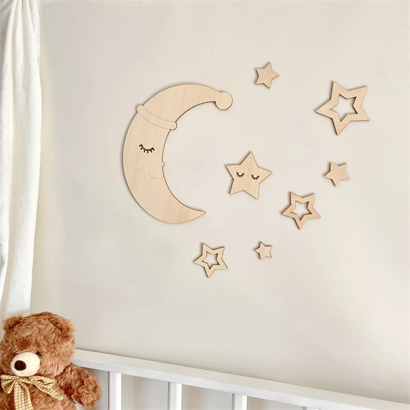 Nordic Style Christmas Hat Wooden Moon Hollow Star Wall Stickers Decoration Home Wall Decoration Stickers Photo Props Cute Wooden Wall Stickers Holiday Decoration Wall Art