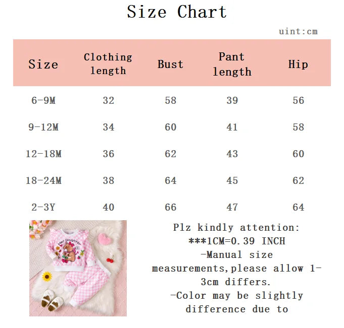 Baby Girl Casual Set Cute Capybara Printed Pink Checkered Long Sleeve Pants 2 Pieces/set Suitable for Cute Baby Girls 0-3 Years
