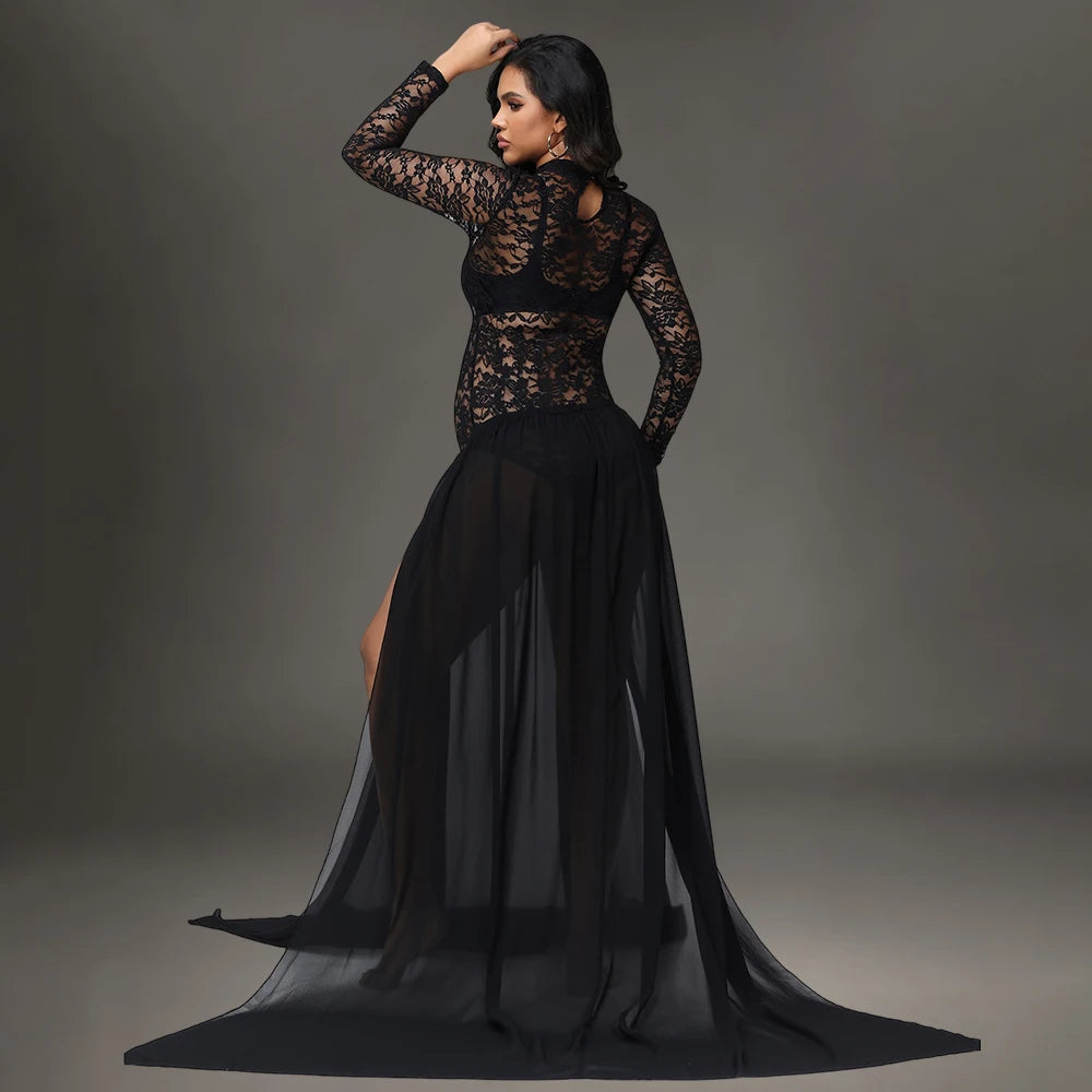 Maternity Long Sleeves Lace Dress See-Through Bodysuit and Maxi Chiffon Skirt 2Pc Outfit for Photoshoot Baby Shower