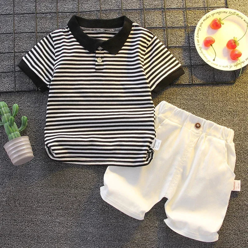 ‌New Boys Cotton Striped Shorts Set 2-Piece Summer Outfit Fashion Short Sleeve Casual Playwear Stylish Kids Clothing‌