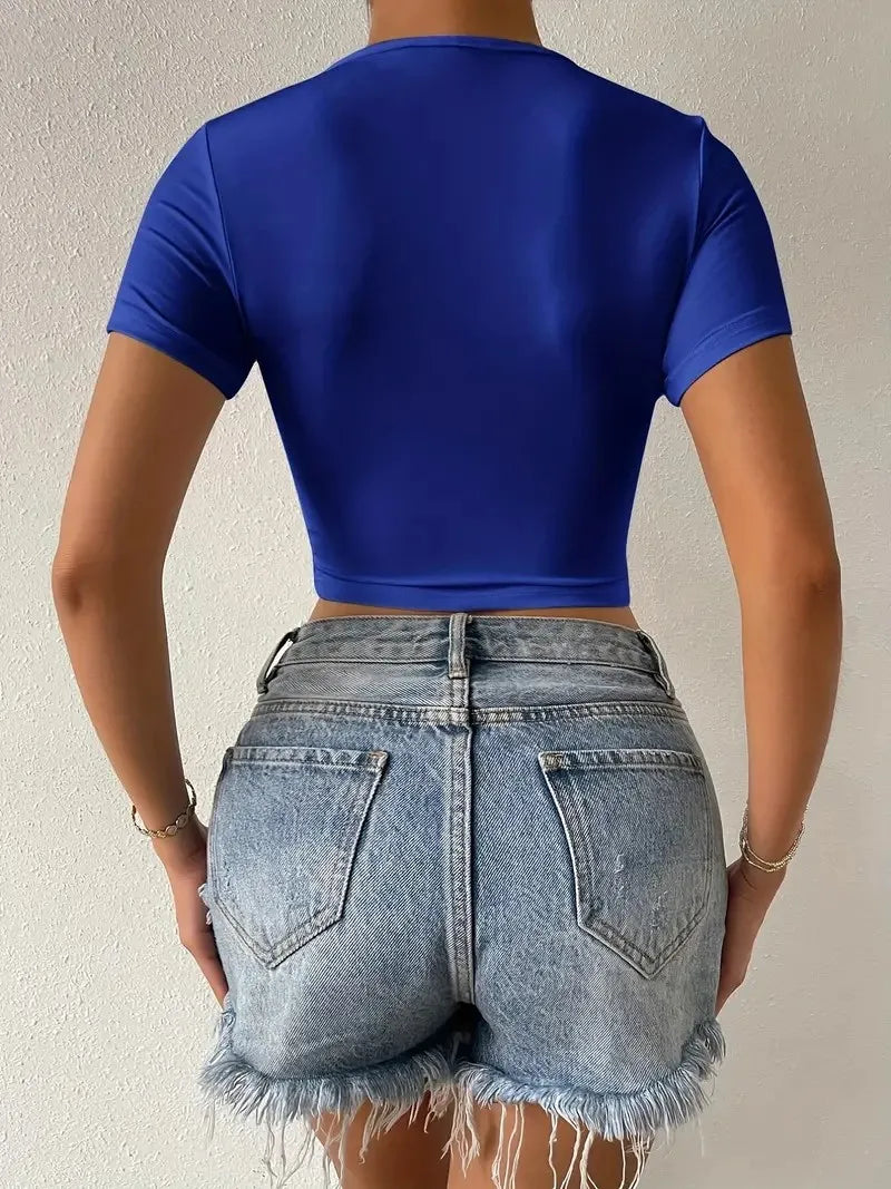 Short V-Neck Sexy Short Sleeve Fashion Belly Button Exposure Summer Top Women's Trendy Crop T-Shirt