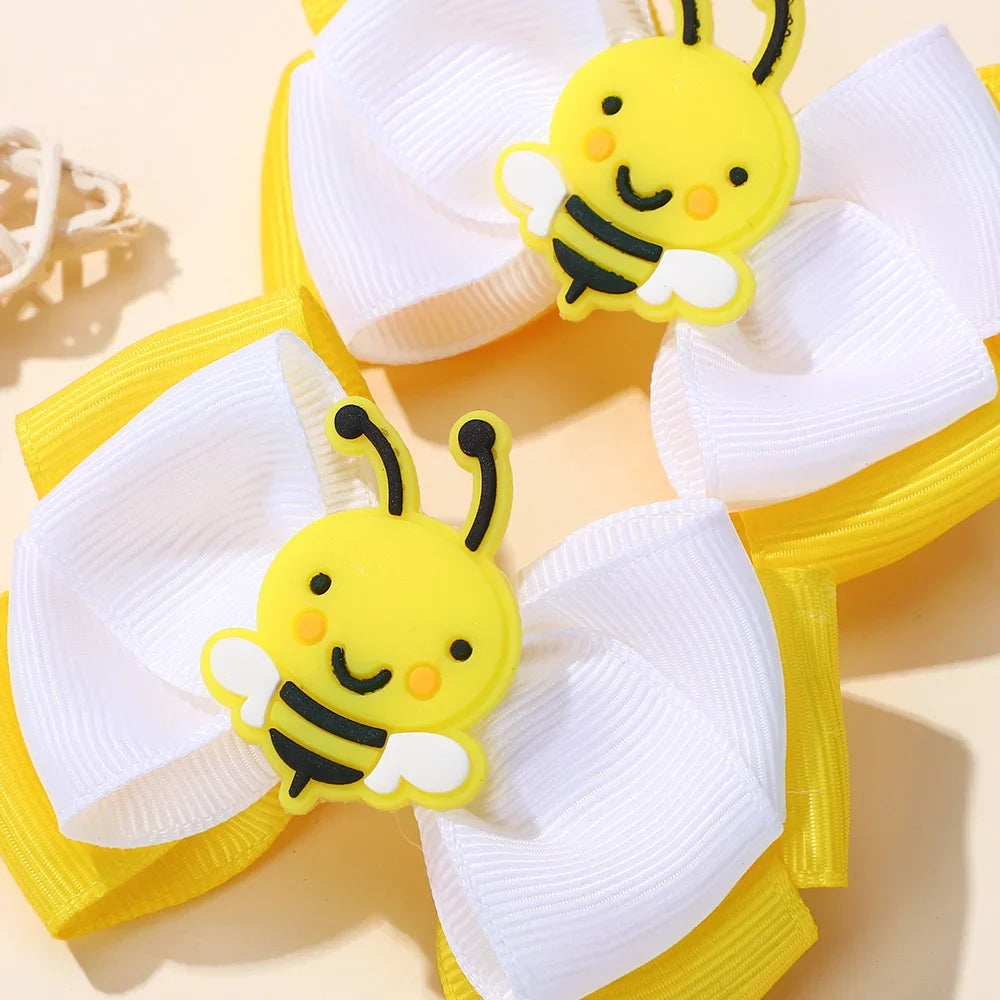 2Pcs Bee Themed Hair Bow Clips for Kids Girls Double Layer Solid Ribbon Bows Hairpins Unique Barrettes Hair Accessories Headwear