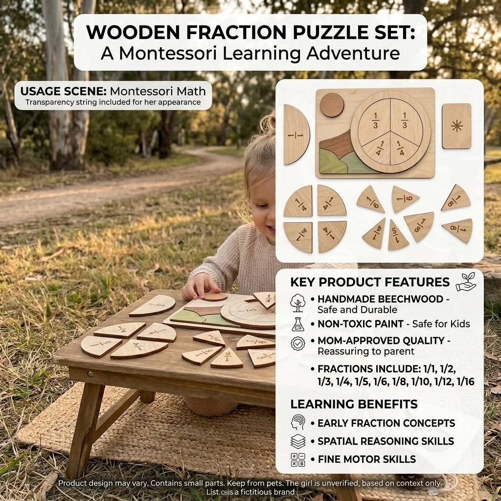 Montessori Wooden Fraction Puzzle Toys Kids Educational Math Learning Board Game Early Learning Fractions Toy Montessori Gift